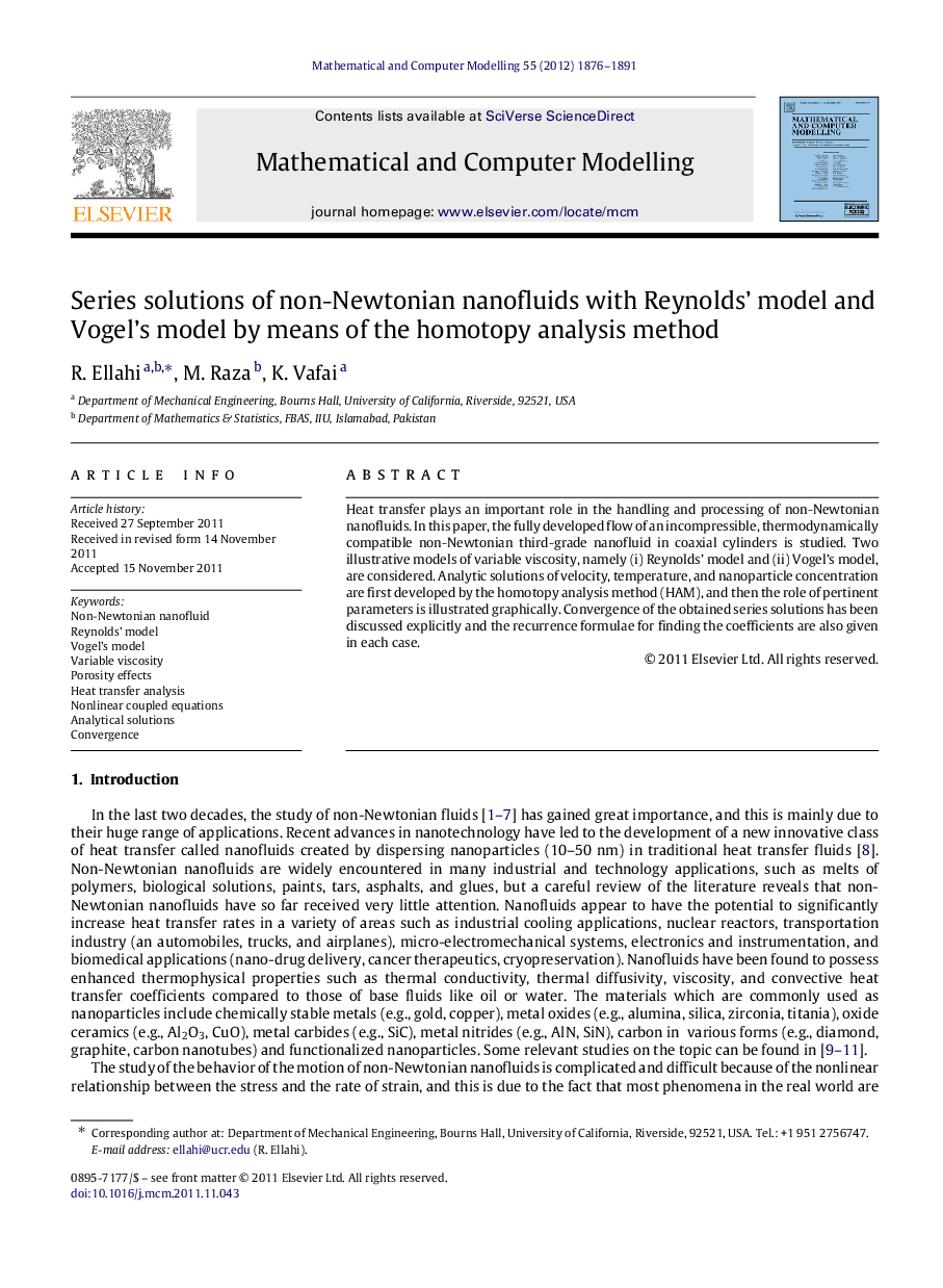 Series solutions of non-Newtonian nanofluids with Reynolds’ model and Vogel’s model by means of the homotopy analysis method