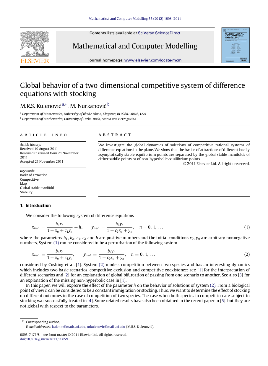 عکس صفحه اول مقاله: Global behavior of a two-dimensional competitive system of difference equations with stocking Global behavior of a two-dimensional competitive system of difference equations with stocking