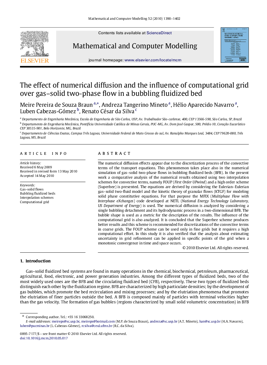 The effect of numerical diffusion and the influence of computational grid over gas–solid two-phase flow in a bubbling fluidized bed