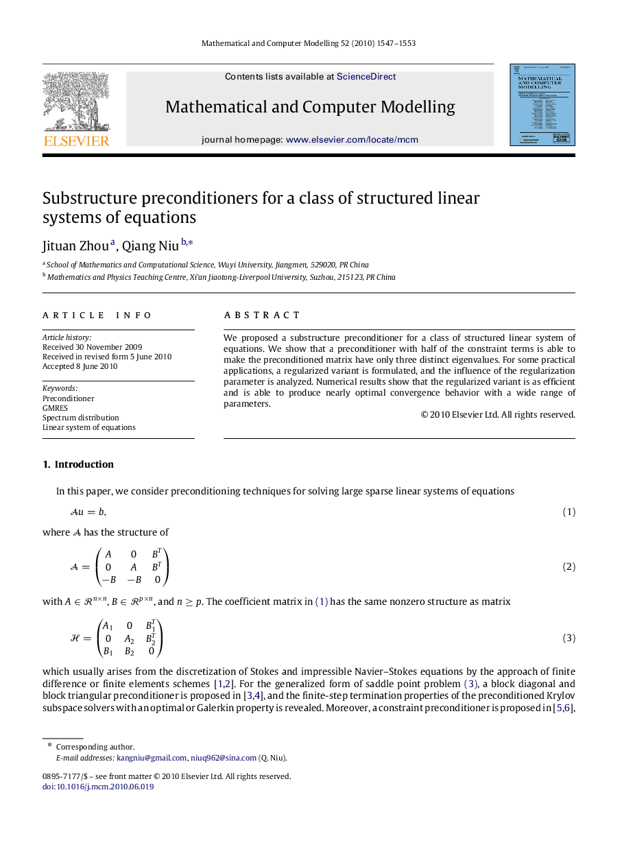 Substructure preconditioners for a class of structured linear systems of equations