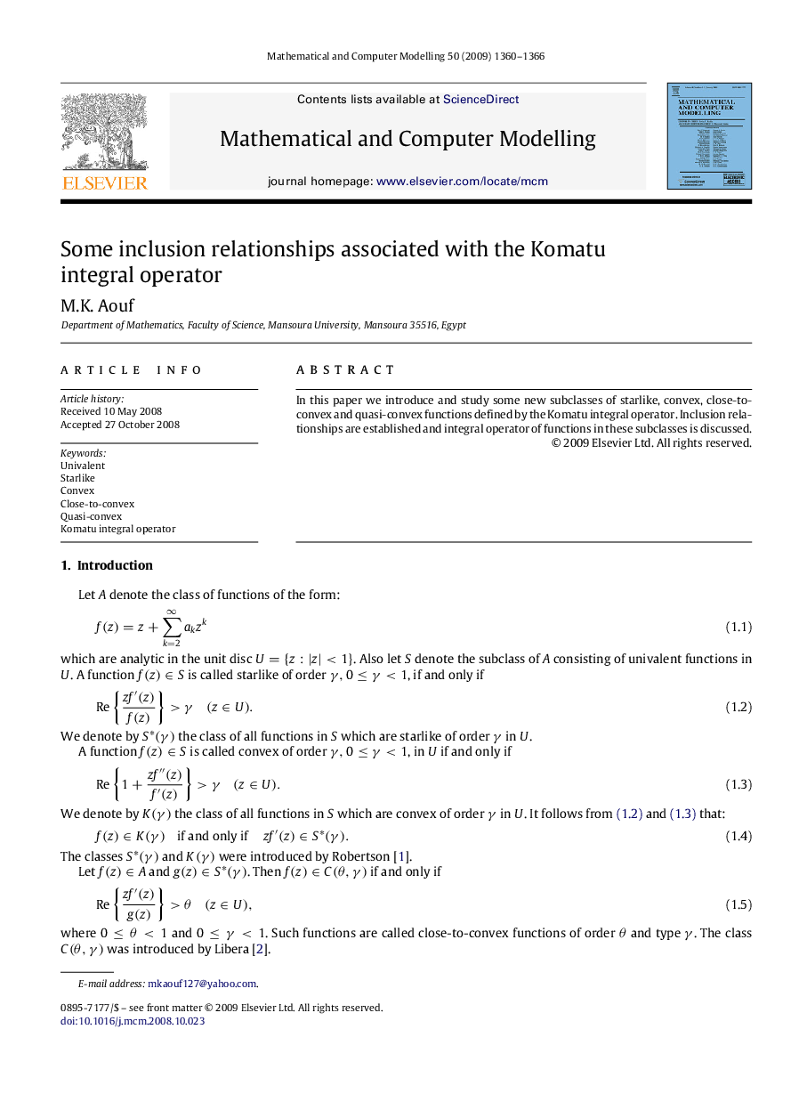 عکس صفحه اول مقاله: Some inclusion relationships associated with the Komatu integral operator Some inclusion relationships associated with the Komatu integral operator