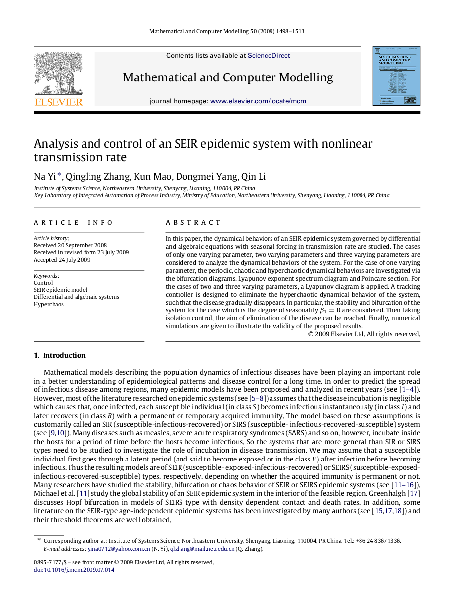 Analysis and control of an SEIR epidemic system with nonlinear transmission rate