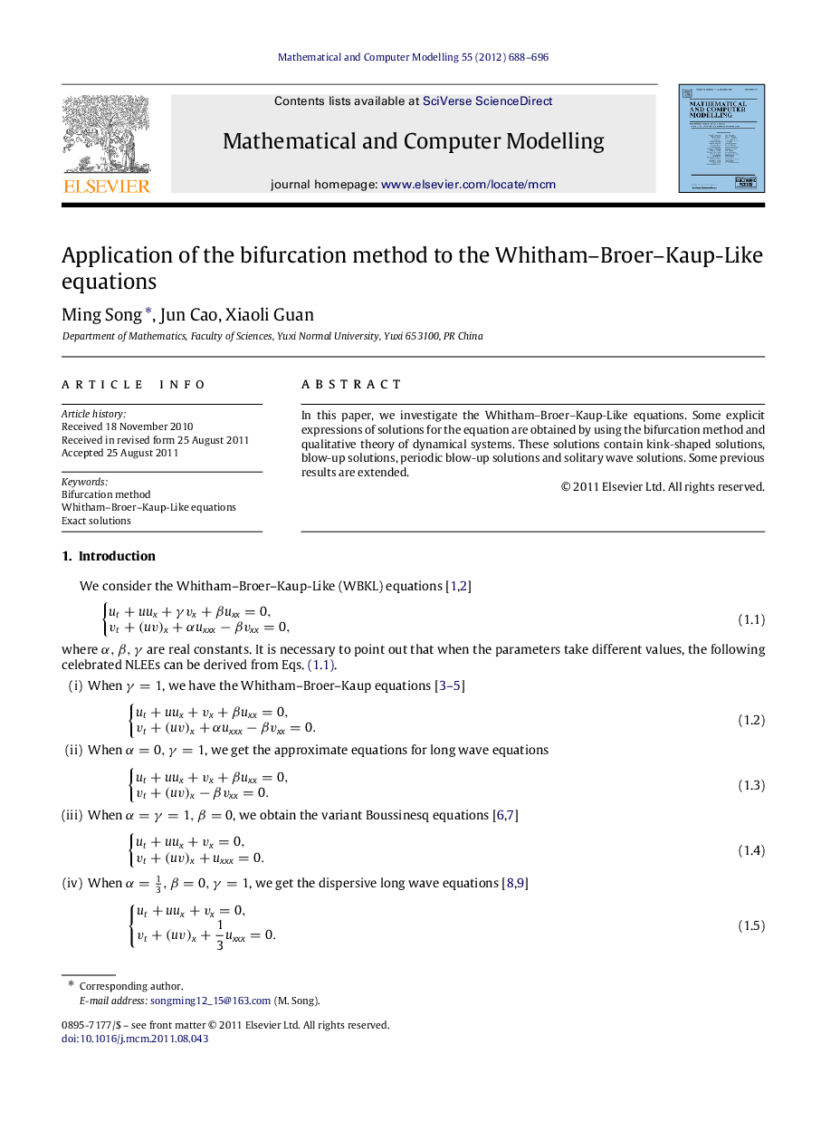 Application of the bifurcation method to the Whitham–Broer–Kaup-Like equations