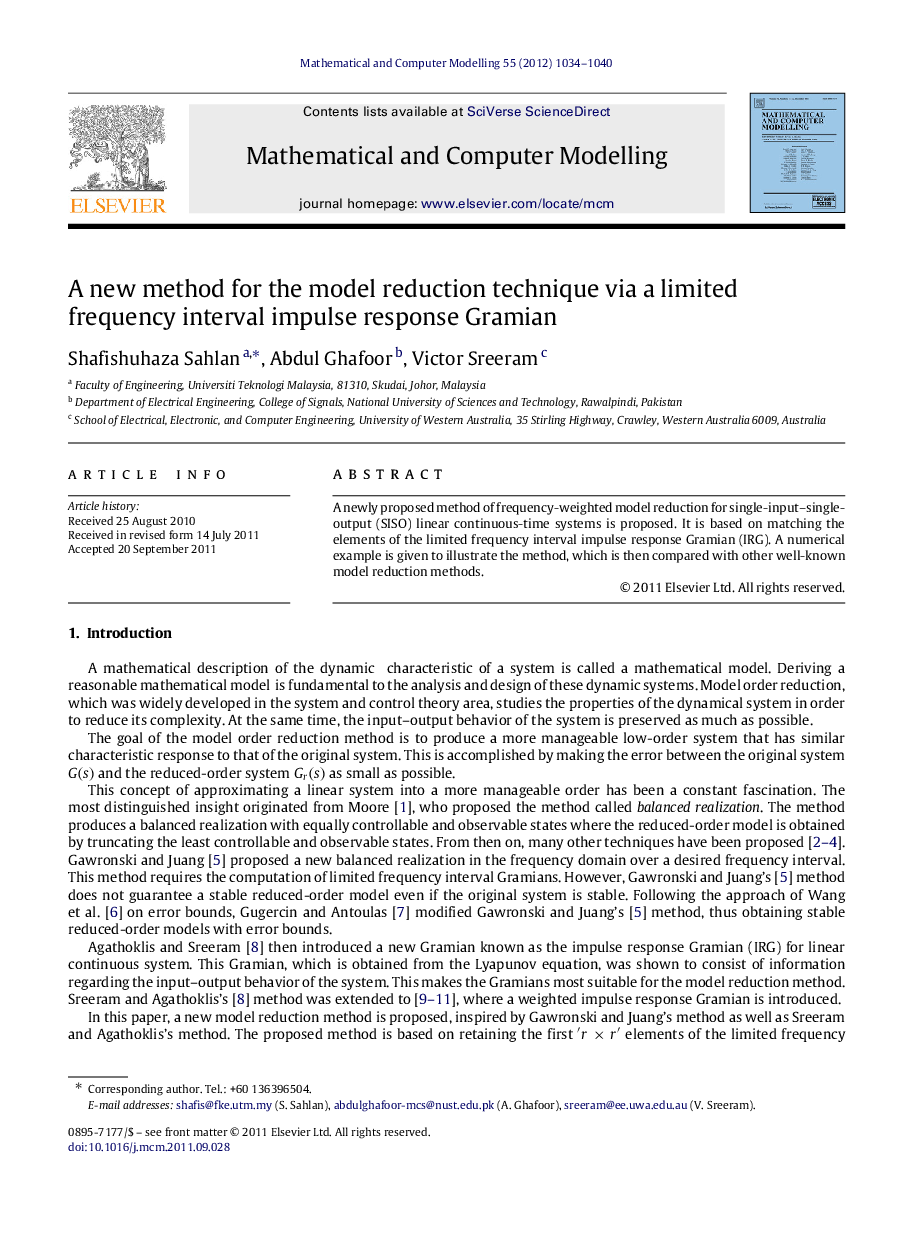 A new method for the model reduction technique via a limited frequency interval impulse response Gramian