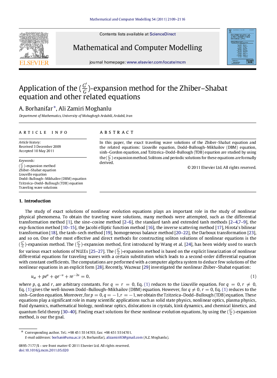 Application of the (G′G)-expansion method for the Zhiber–Shabat equation and other related equations