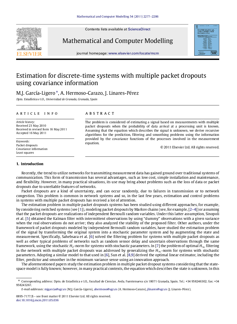 عکس صفحه اول مقاله: Estimation for discrete-time systems with multiple packet dropouts using covariance information Estimation for discrete-time systems with multiple packet dropouts using covariance information