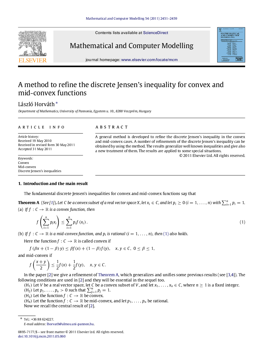 عکس صفحه اول مقاله: A method to refine the discrete Jensen’s inequality for convex and mid-convex functions A method to refine the discrete Jensen’s inequality for convex and mid-convex functions