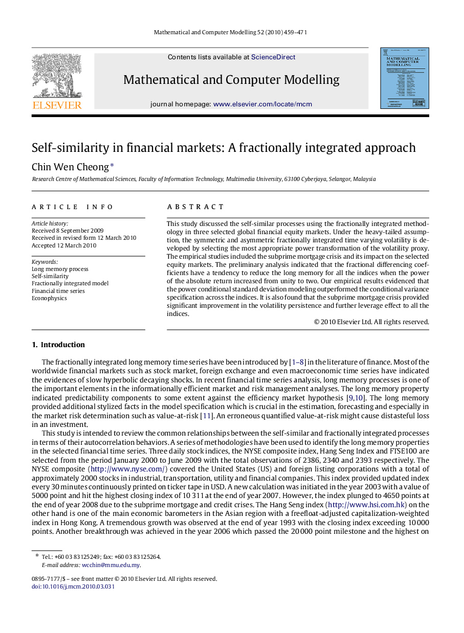 Self-similarity in financial markets: A fractionally integrated approach