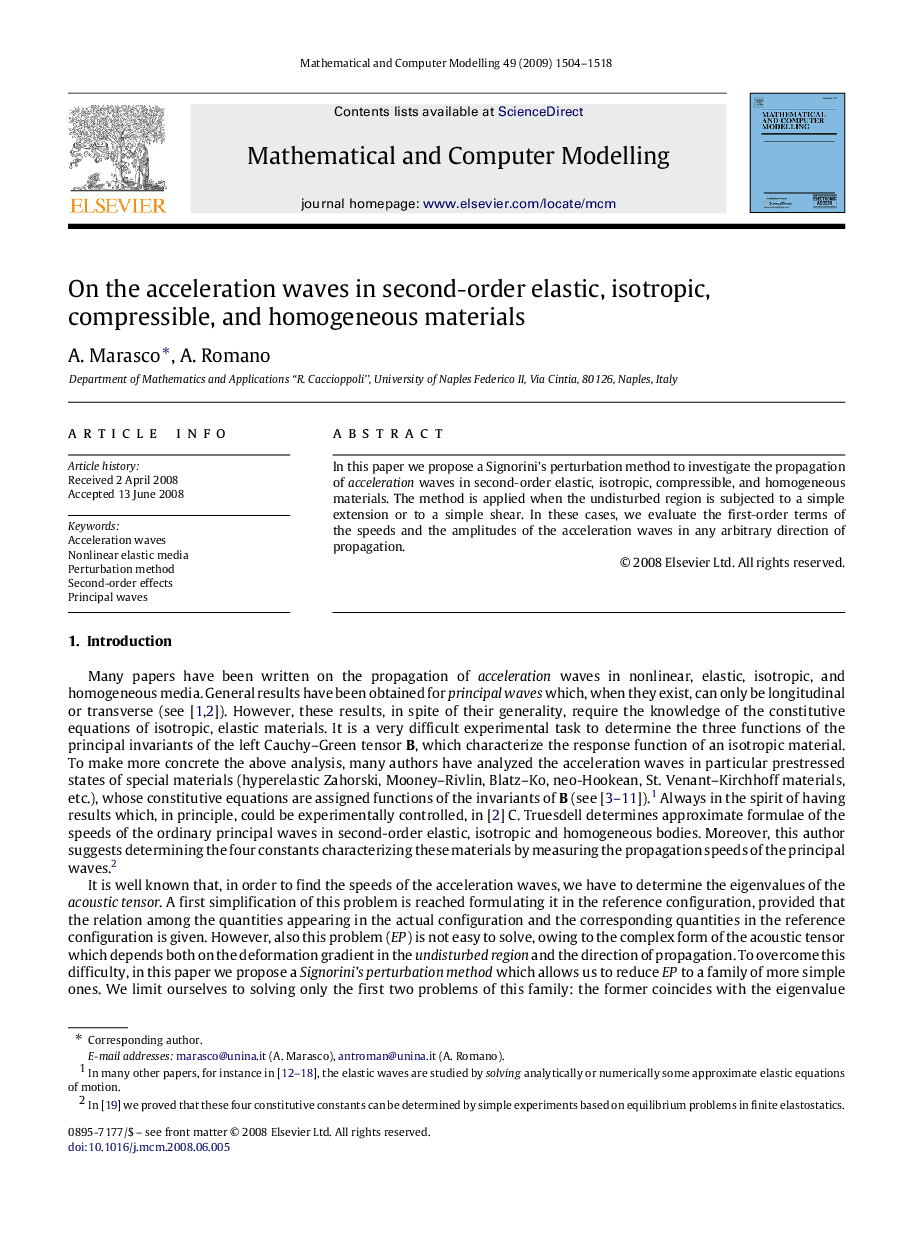 On the acceleration waves in second-order elastic, isotropic, compressible, and homogeneous materials