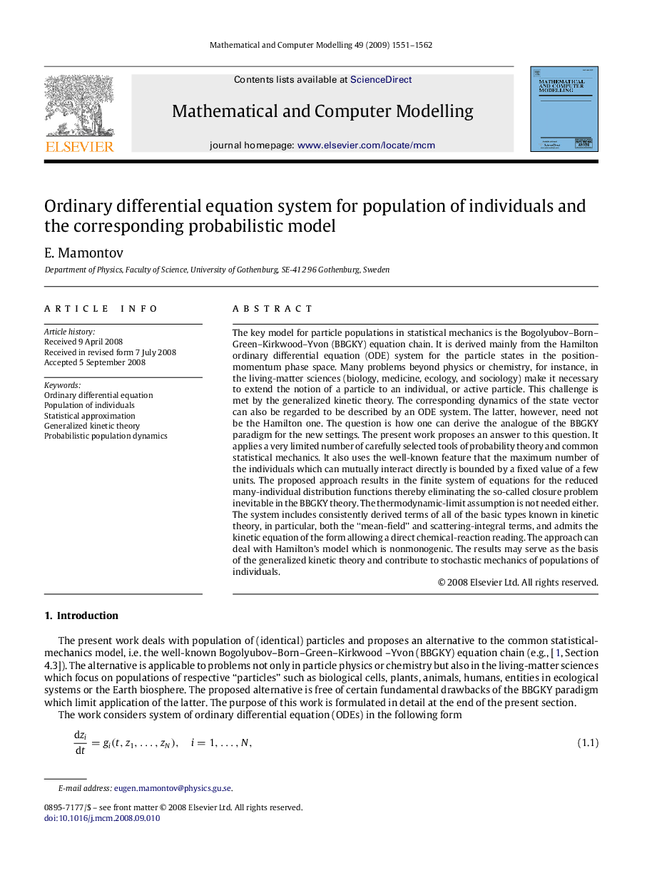 Ordinary differential equation system for population of individuals and the corresponding probabilistic model