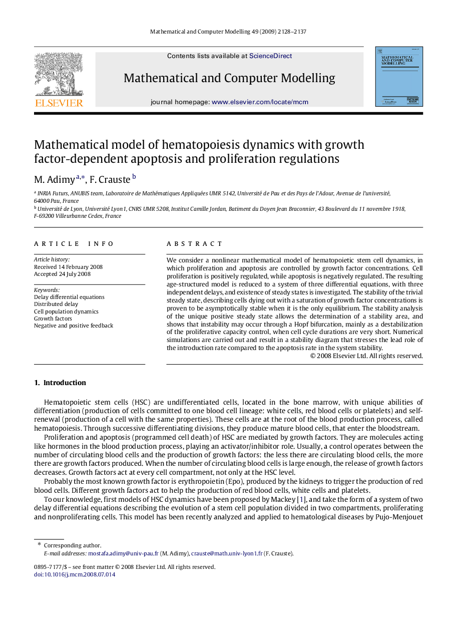 Mathematical model of hematopoiesis dynamics with growth factor-dependent apoptosis and proliferation regulations