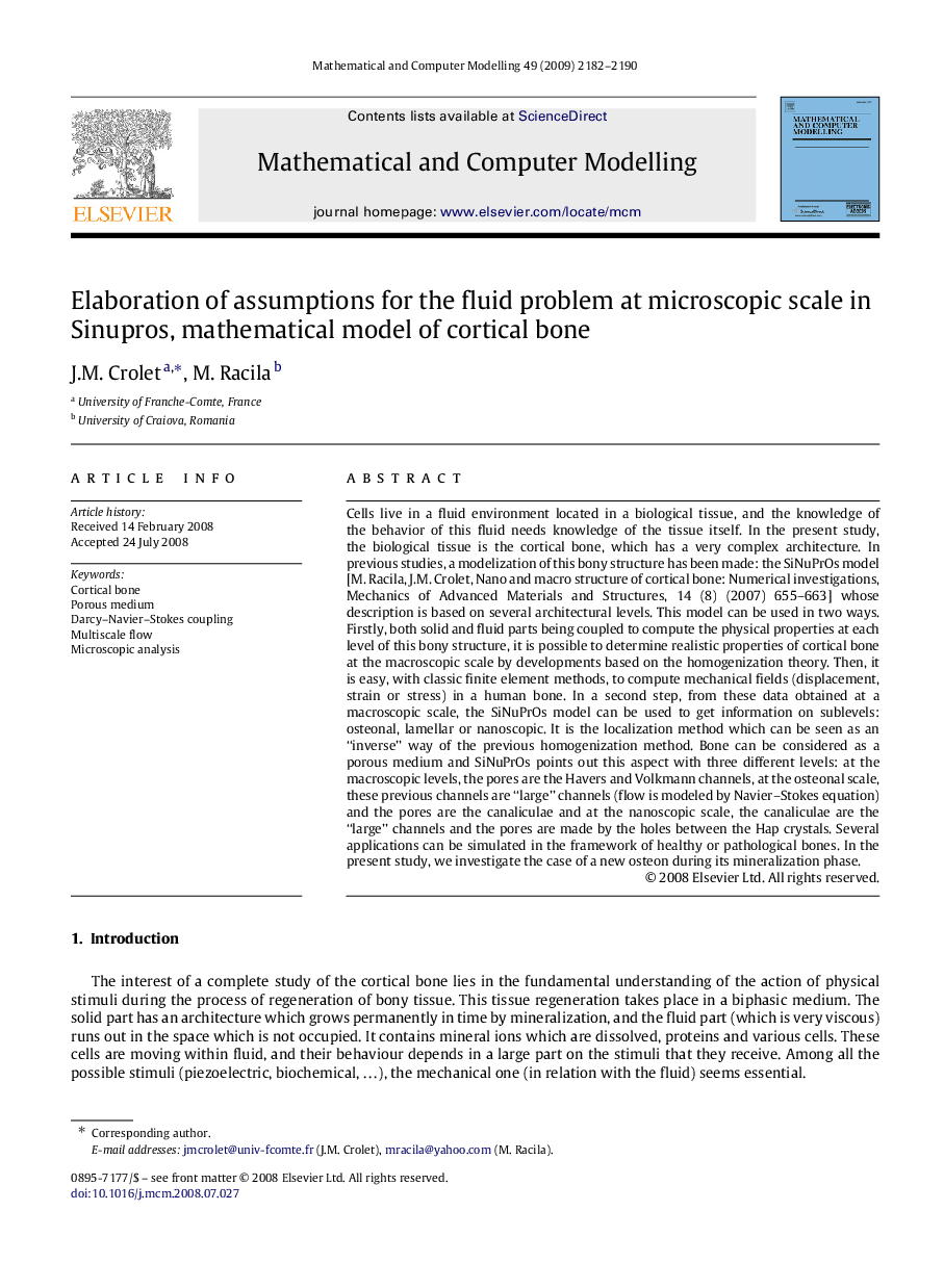 Elaboration of assumptions for the fluid problem at microscopic scale in Sinupros, mathematical model of cortical bone