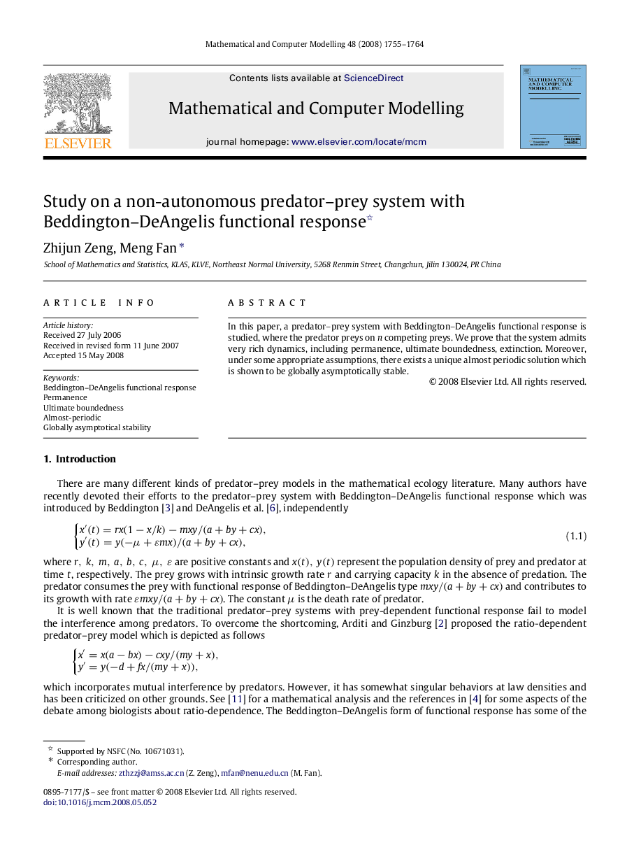 Study on a non-autonomous predator–prey system with Beddington–DeAngelis functional response 