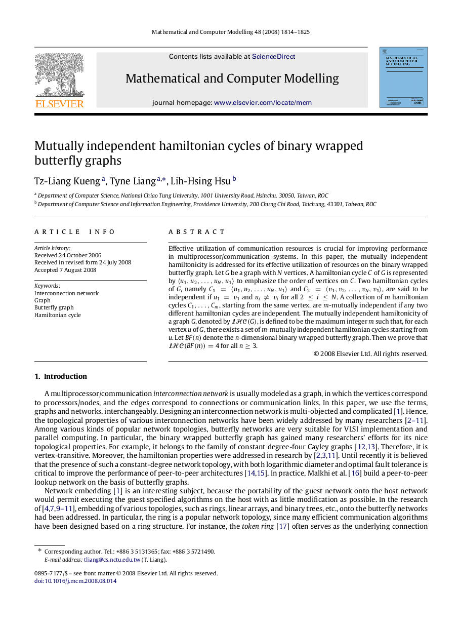 عکس صفحه اول مقاله: Mutually independent hamiltonian cycles of binary wrapped butterfly graphs Mutually independent hamiltonian cycles of binary wrapped butterfly graphs