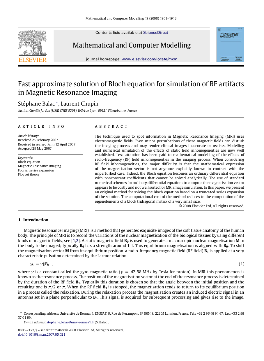 Fast approximate solution of Bloch equation for simulation of RF artifacts in Magnetic Resonance Imaging