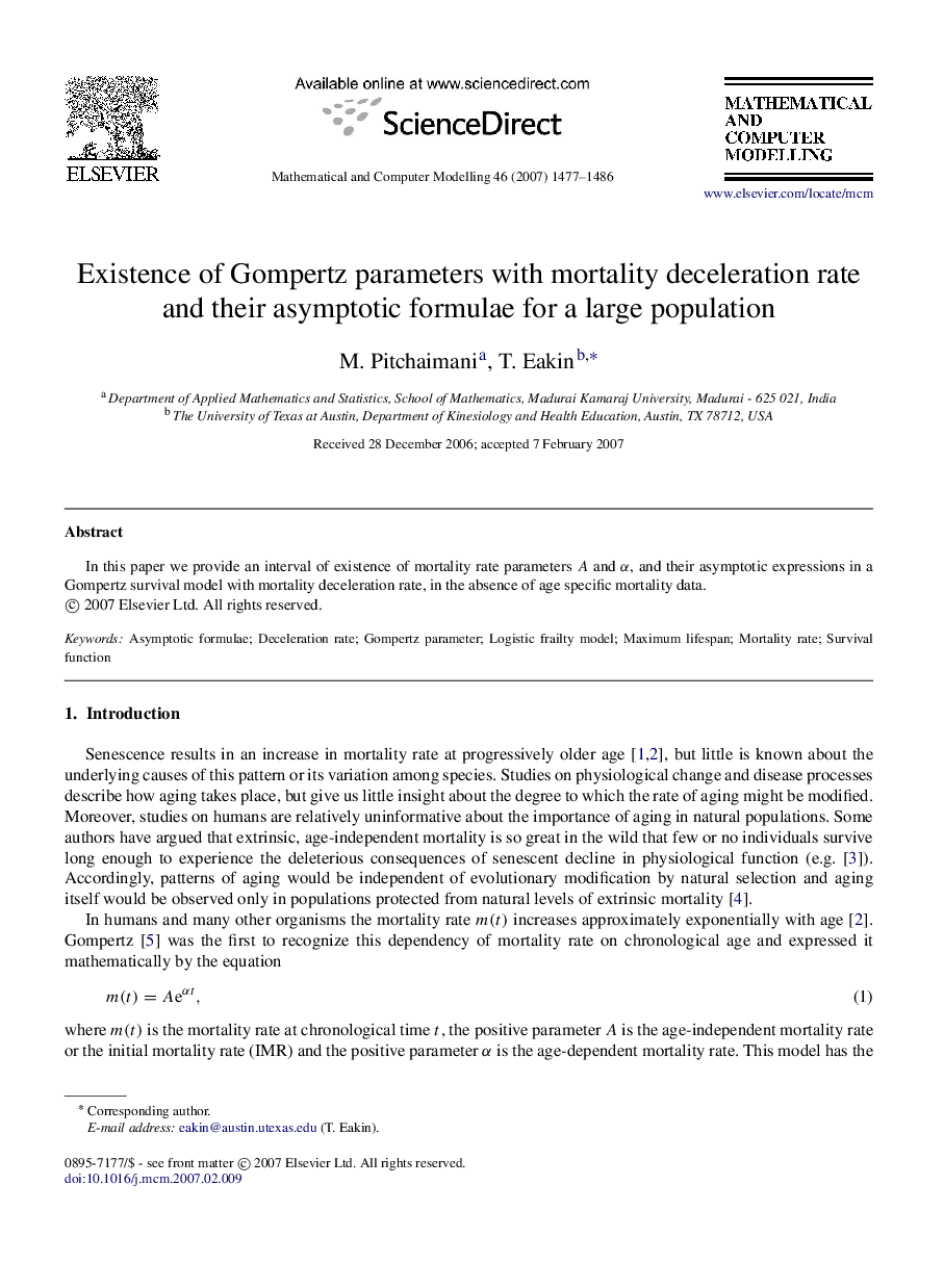 Existence of Gompertz parameters with mortality deceleration rate and their asymptotic formulae for a large population