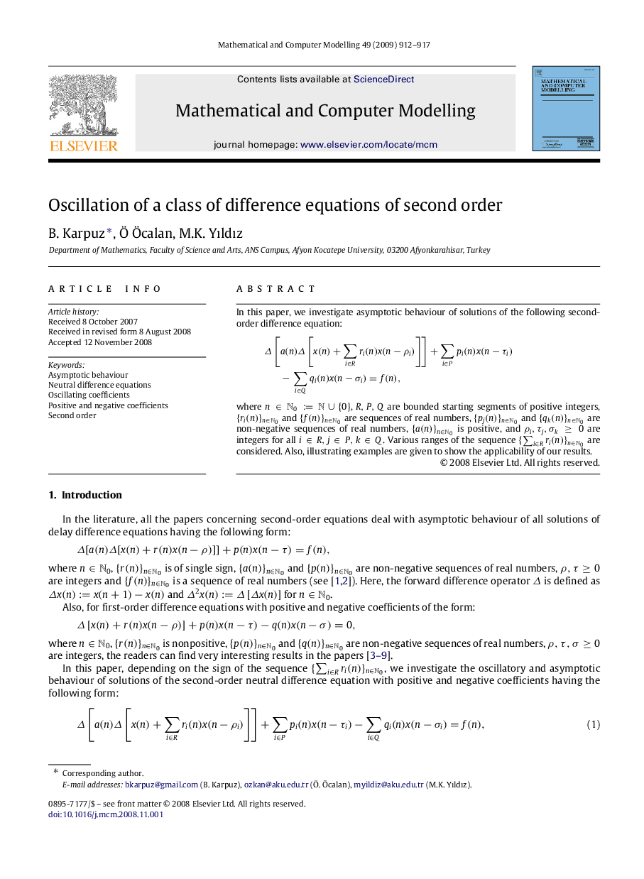 Oscillation of a class of difference equations of second order