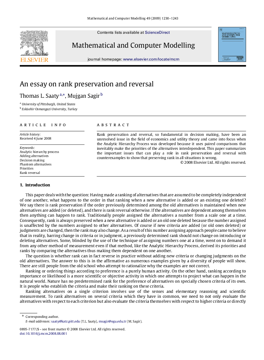 عکس صفحه اول مقاله: An essay on rank preservation and reversal An essay on rank preservation and reversal