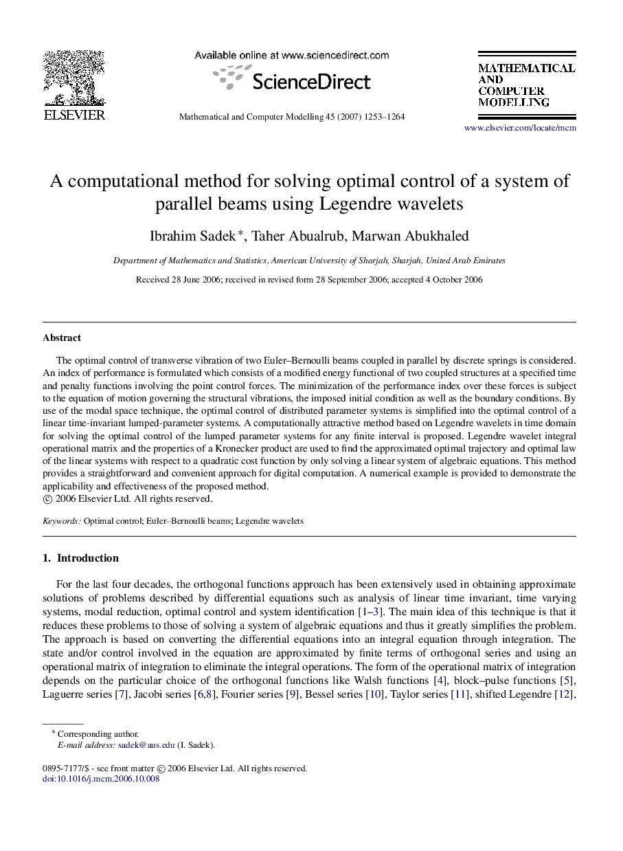 A computational method for solving optimal control of a system of parallel beams using Legendre wavelets