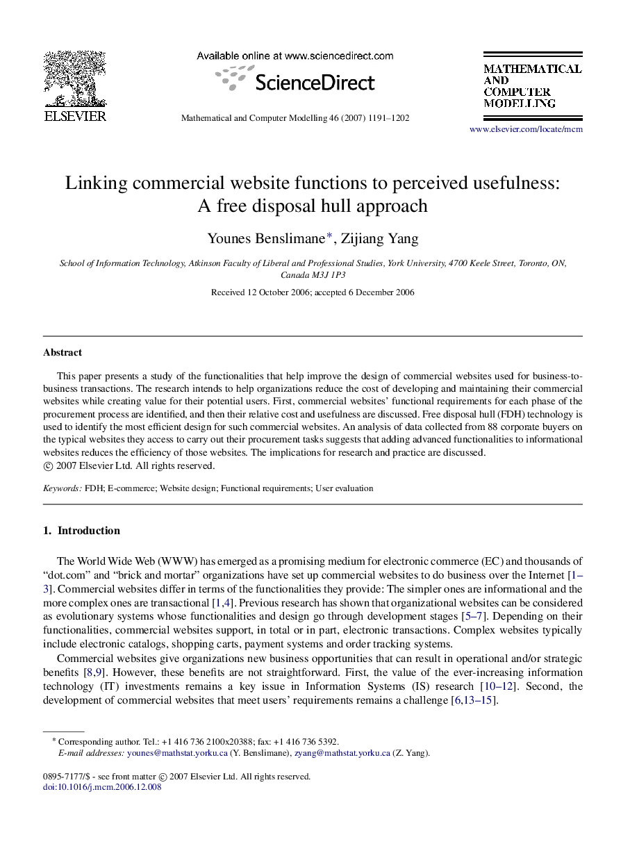 Linking commercial website functions to perceived usefulness: A free disposal hull approach