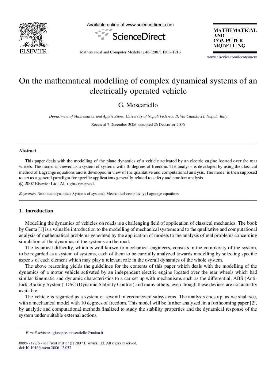 On the mathematical modelling of complex dynamical systems of an electrically operated vehicle