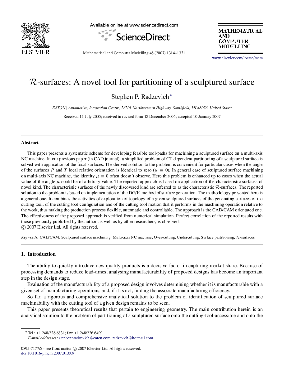 RR-surfaces: A novel tool for partitioning of a sculptured surface