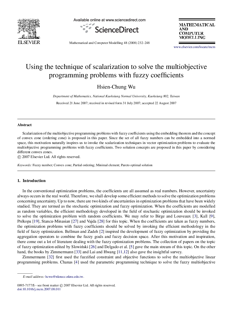 Using the technique of scalarization to solve the multiobjective programming problems with fuzzy coefficients