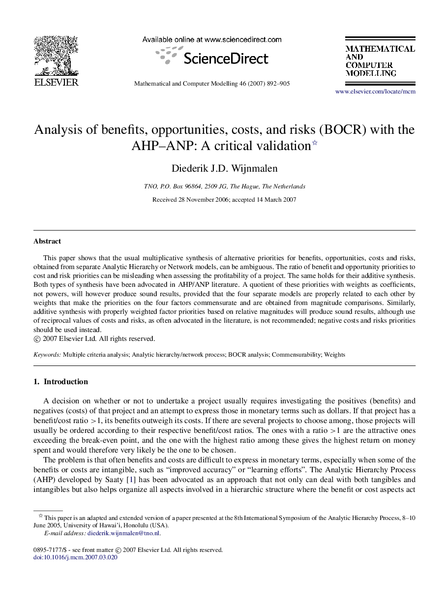 Analysis of benefits, opportunities, costs, and risks (BOCR) with the AHP–ANP: A critical validation 