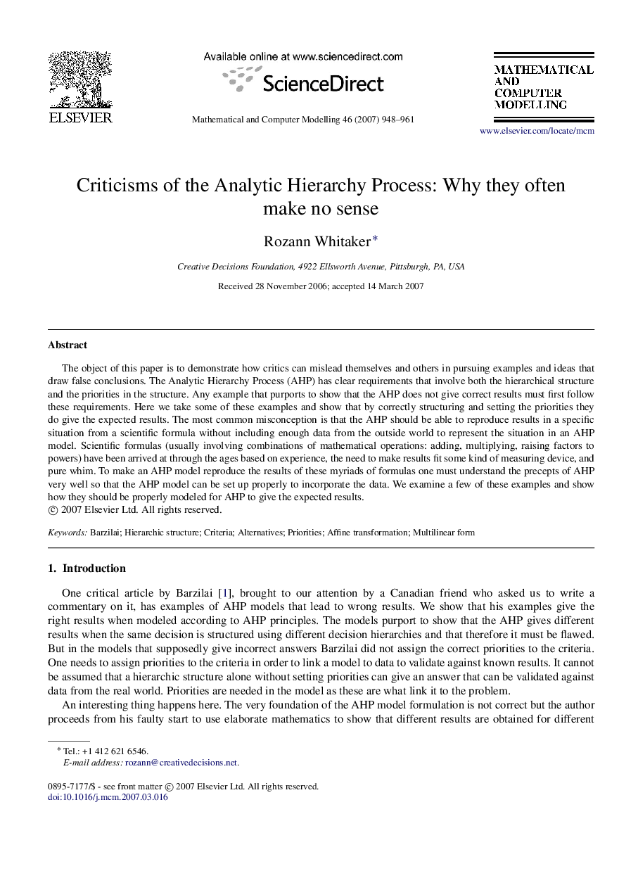 Criticisms of the Analytic Hierarchy Process: Why they often make no sense