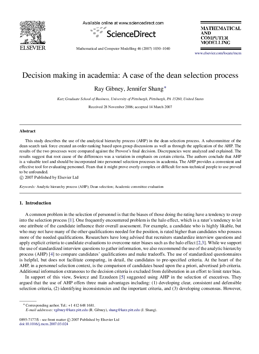 Decision making in academia: A case of the dean selection process