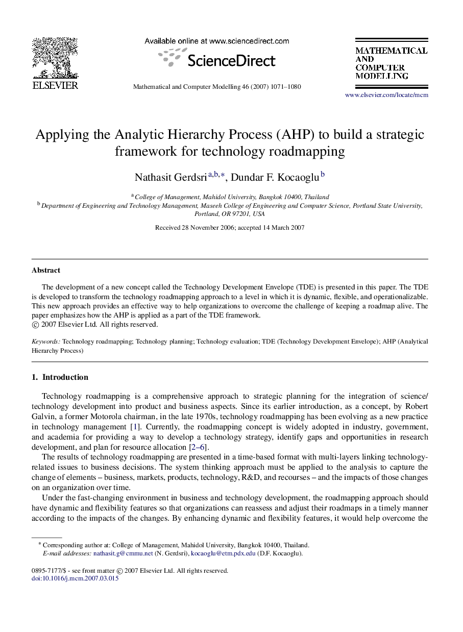 Applying the Analytic Hierarchy Process (AHP) to build a strategic framework for technology roadmapping