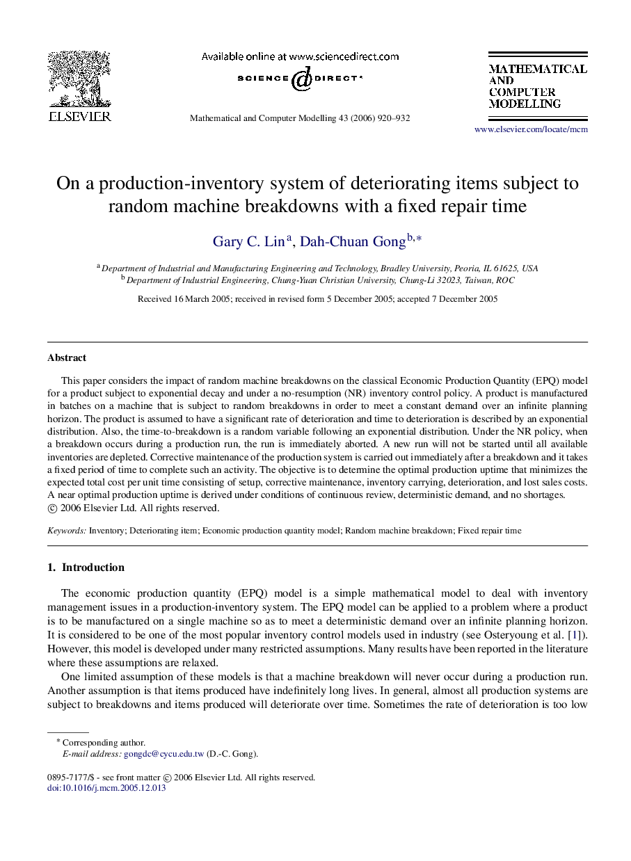 عکس صفحه اول مقاله: On a production-inventory system of deteriorating items subject to random machine breakdowns with a fixed repair time On a production-inventory system of deteriorating items subject to random machine breakdowns with a fixed repair time