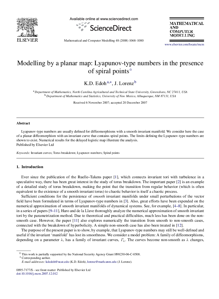 Modelling by a planar map: Lyapunov-type numbers in the presence of spiral points 