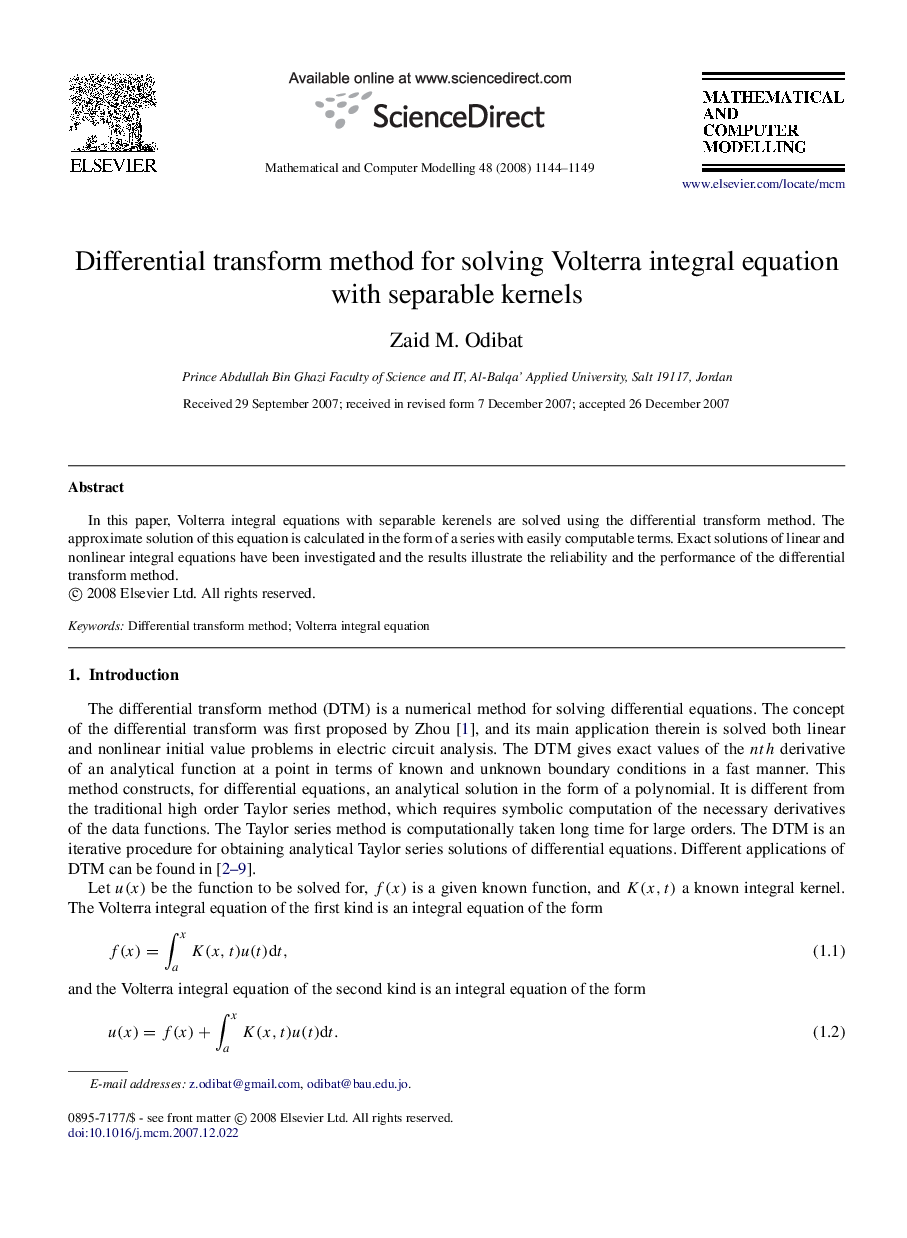 Differential transform method for solving Volterra integral equation with separable kernels