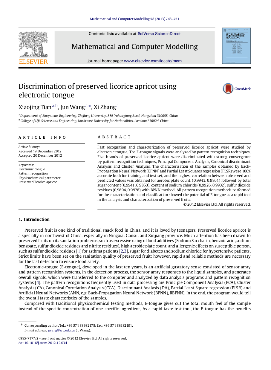 Discrimination of preserved licorice apricot using electronic tongue