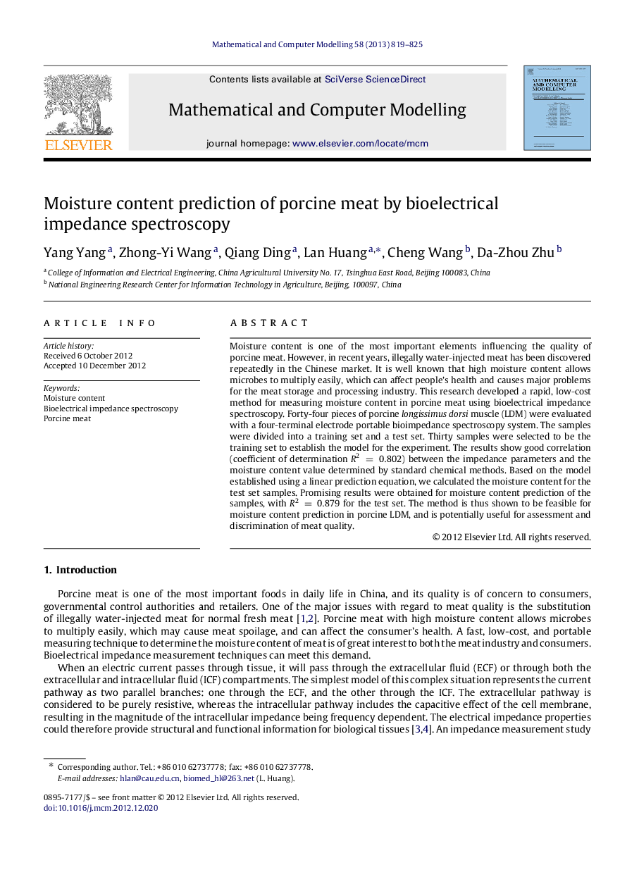 Moisture content prediction of porcine meat by bioelectrical impedance spectroscopy