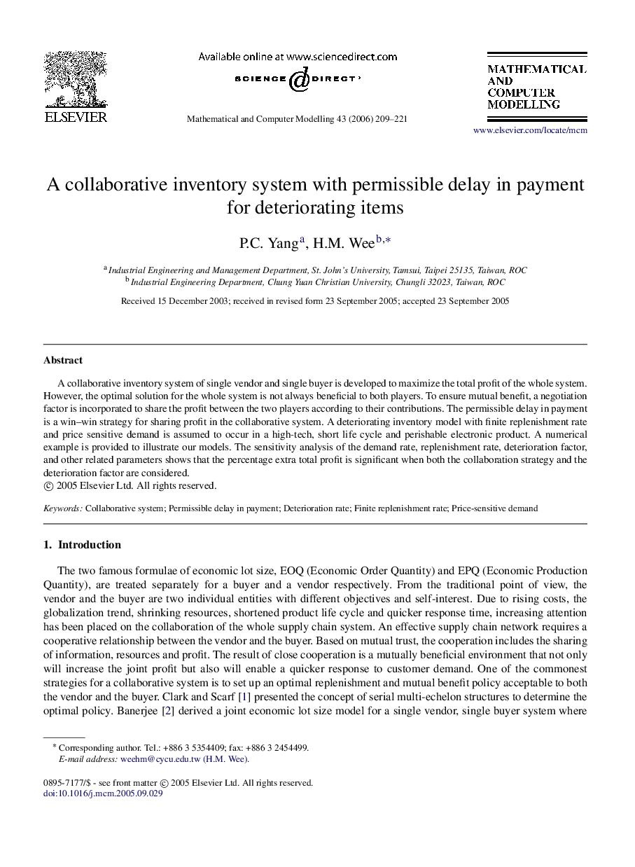 A collaborative inventory system with permissible delay in payment for deteriorating items