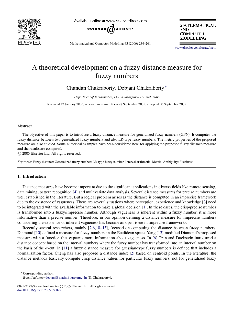 A theoretical development on a fuzzy distance measure for fuzzy numbers