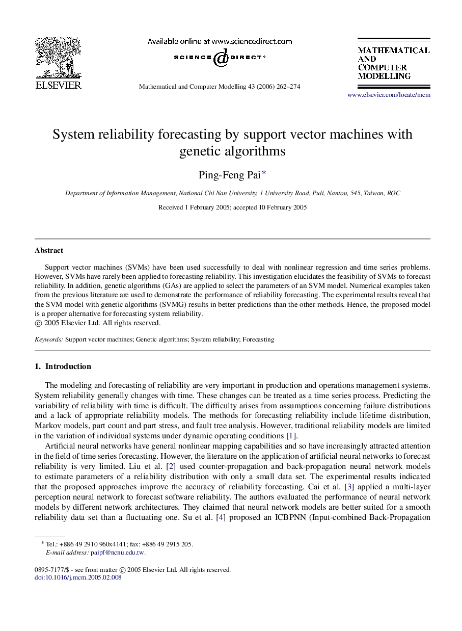 System reliability forecasting by support vector machines with genetic algorithms