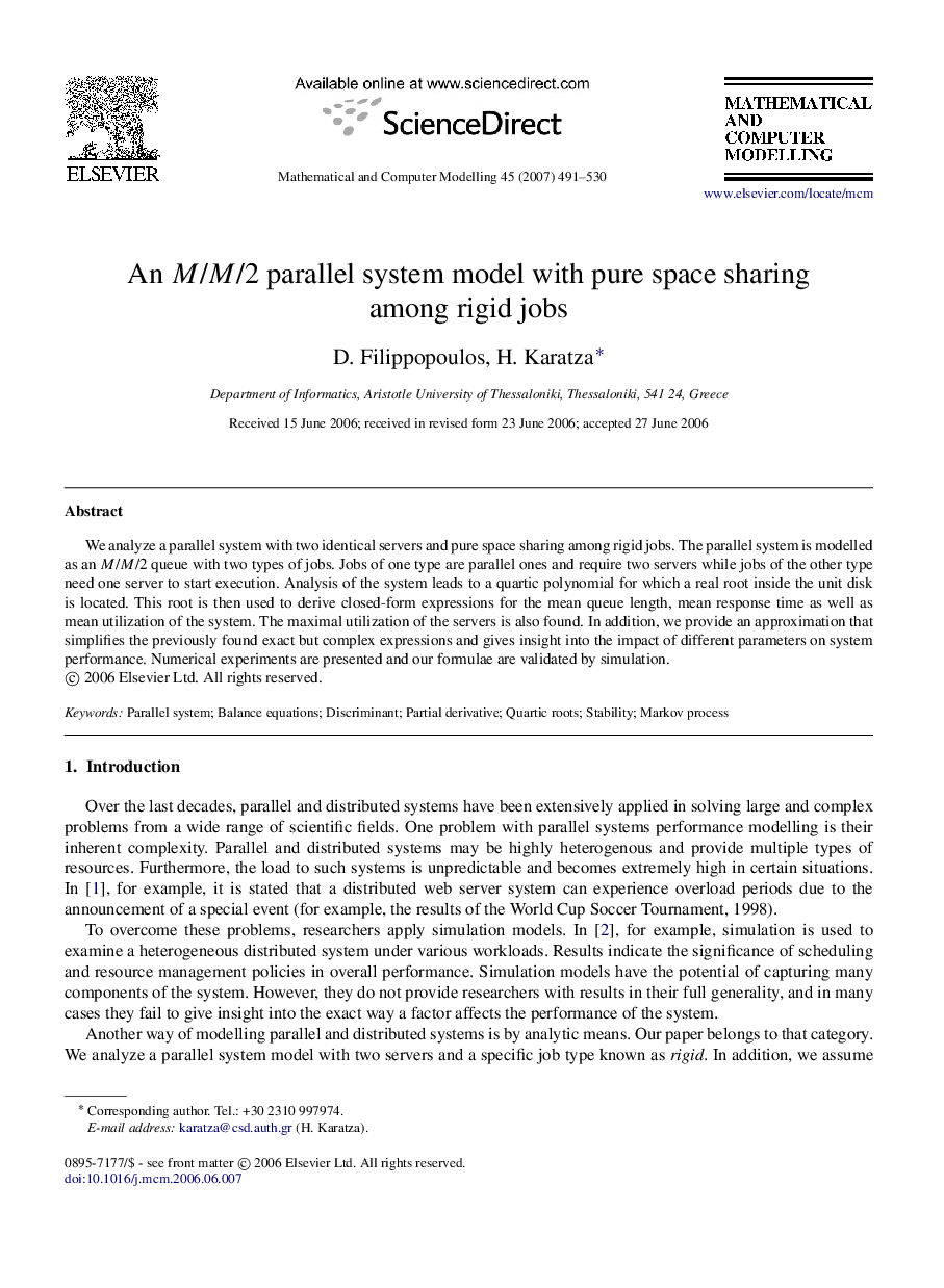 An M/M/2M/M/2 parallel system model with pure space sharing among rigid jobs