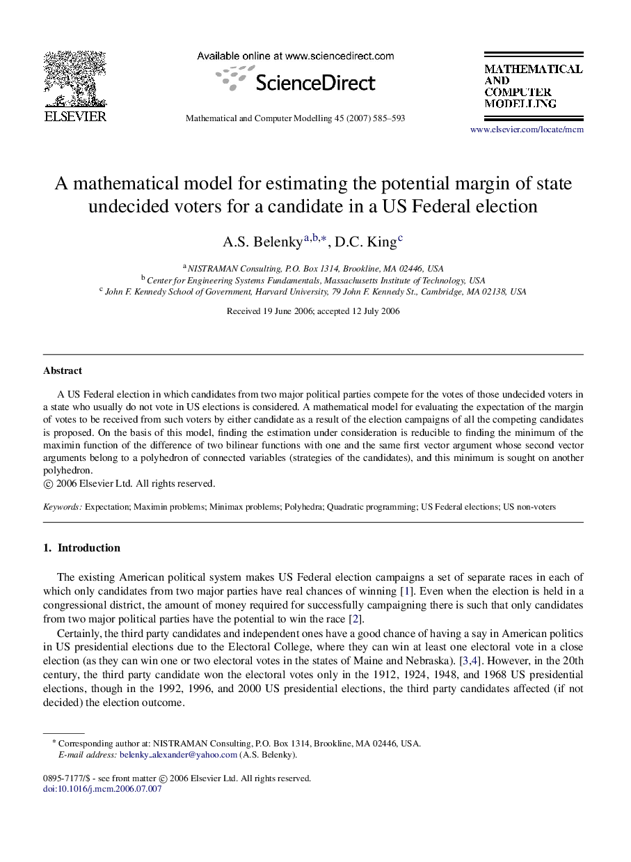 A mathematical model for estimating the potential margin of state undecided voters for a candidate in a US Federal election