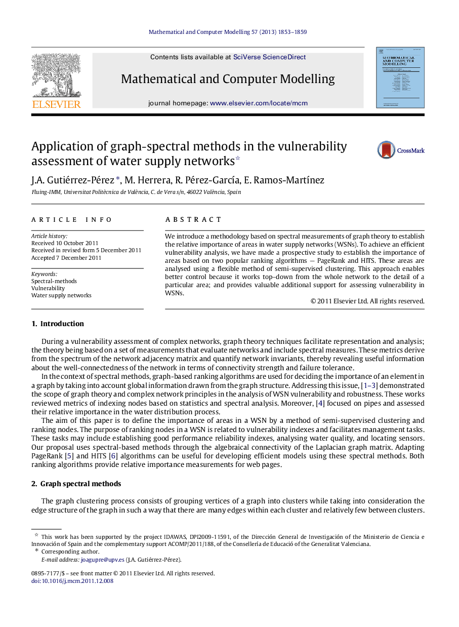 عکس صفحه اول مقاله: Application of graph-spectral methods in the vulnerability assessment of water supply networks Application of graph-spectral methods in the vulnerability assessment of water supply networks