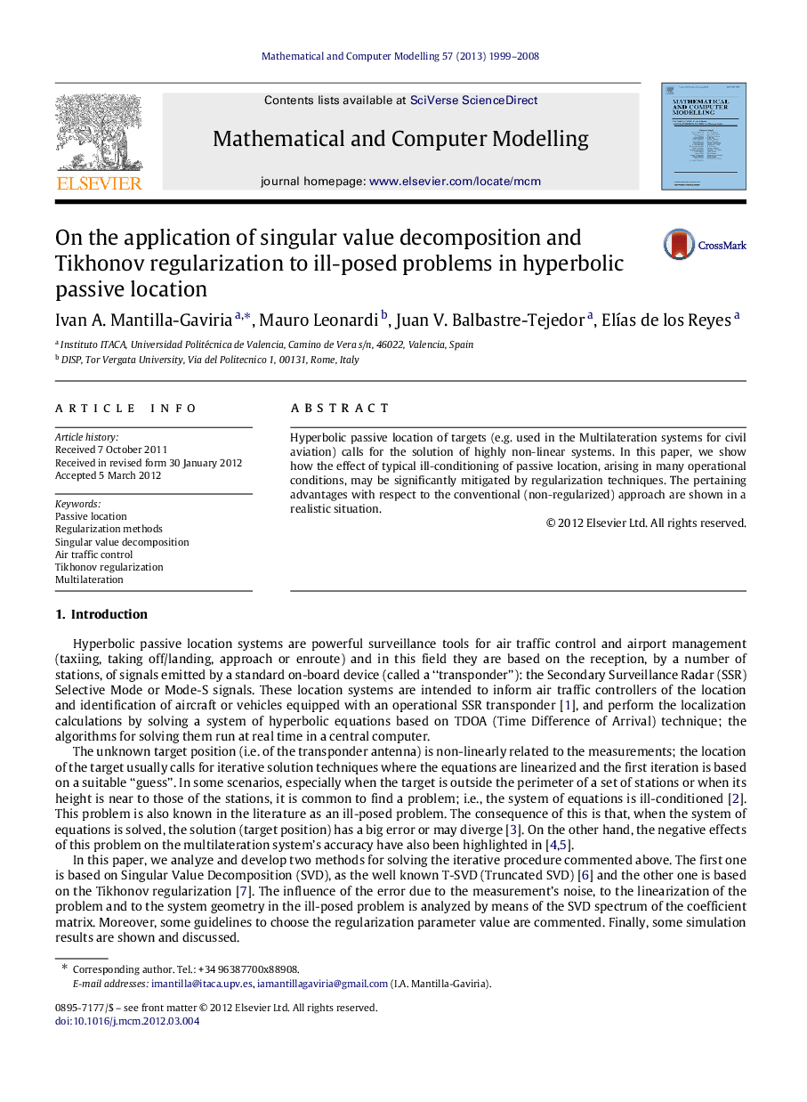 On the application of singular value decomposition and Tikhonov regularization to ill-posed problems in hyperbolic passive location