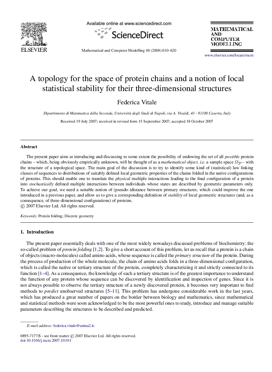 A topology for the space of protein chains and a notion of local statistical stability for their three-dimensional structures