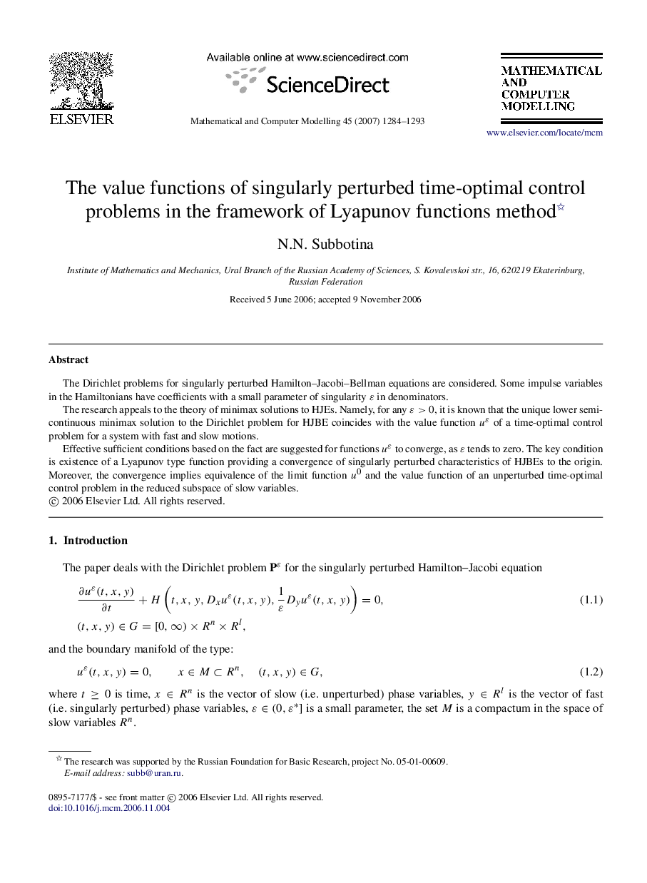 عکس صفحه اول مقاله: The value functions of singularly perturbed time-optimal control problems in the framework of Lyapunov functions method The value functions of singularly perturbed time-optimal control problems in the framework of Lyapunov functions method