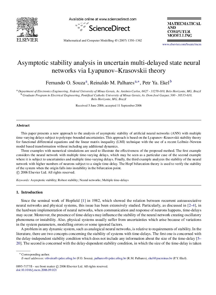 Asymptotic stability analysis in uncertain multi-delayed state neural networks via Lyapunov–Krasovskii theory