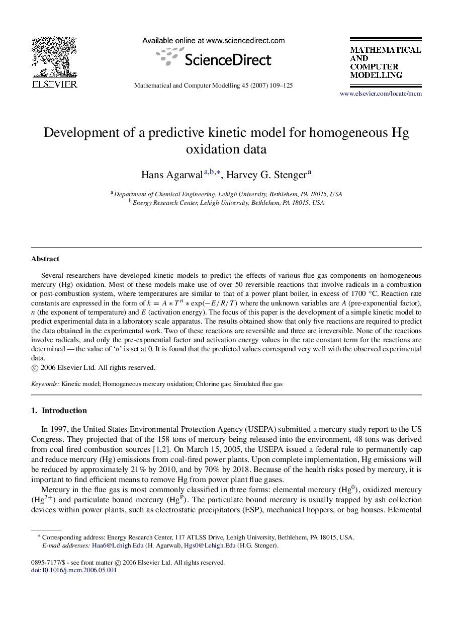 Development of a predictive kinetic model for homogeneous Hg oxidation data