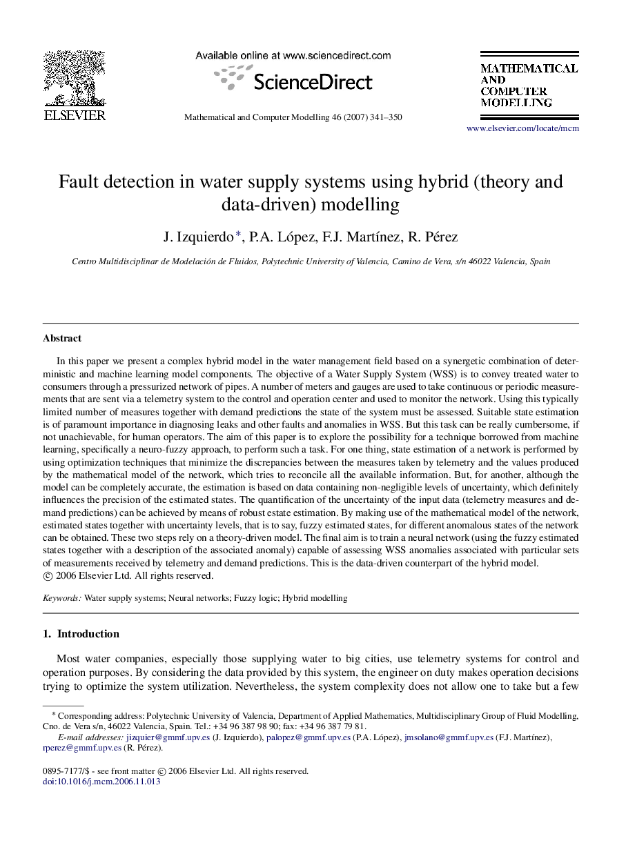 Fault detection in water supply systems using hybrid (theory and data-driven) modelling