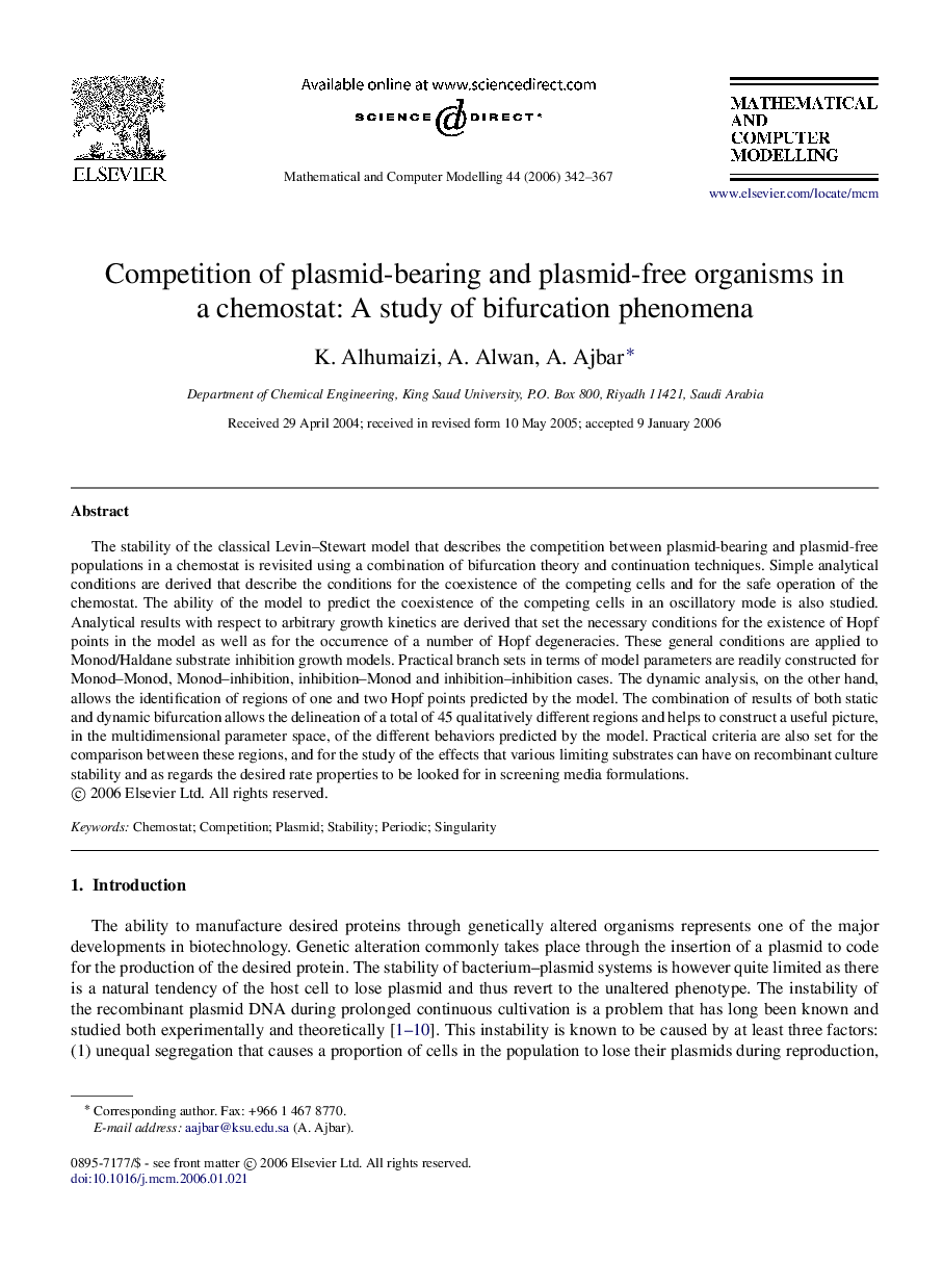 Competition of plasmid-bearing and plasmid-free organisms in a chemostat: A study of bifurcation phenomena