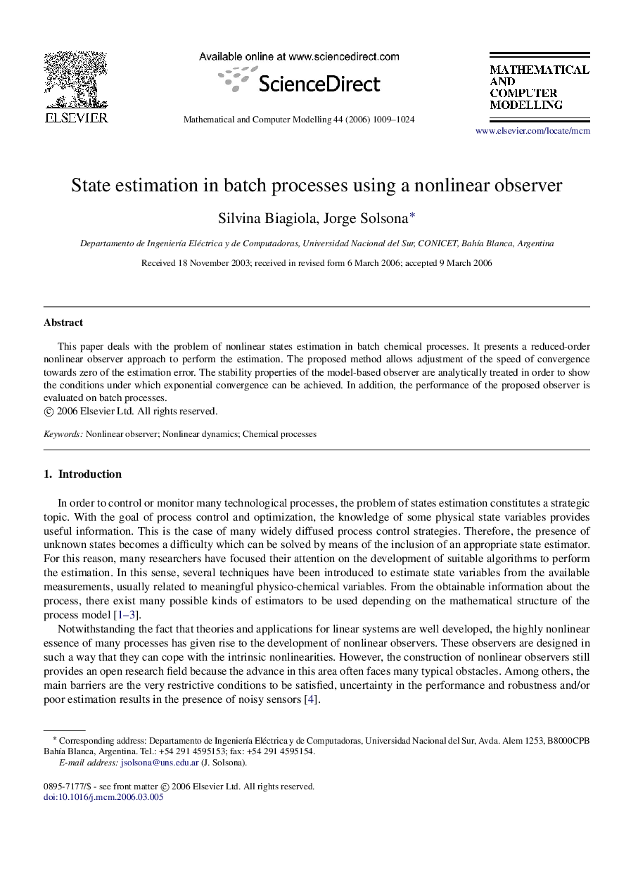 State estimation in batch processes using a nonlinear observer